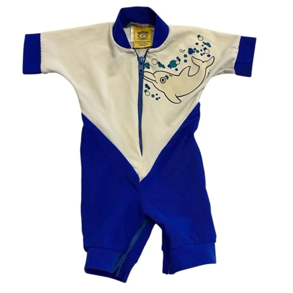 Vintage SunSmart 0-12M Baby UV Blocking Dolphin Swim‎ Suit Blue White